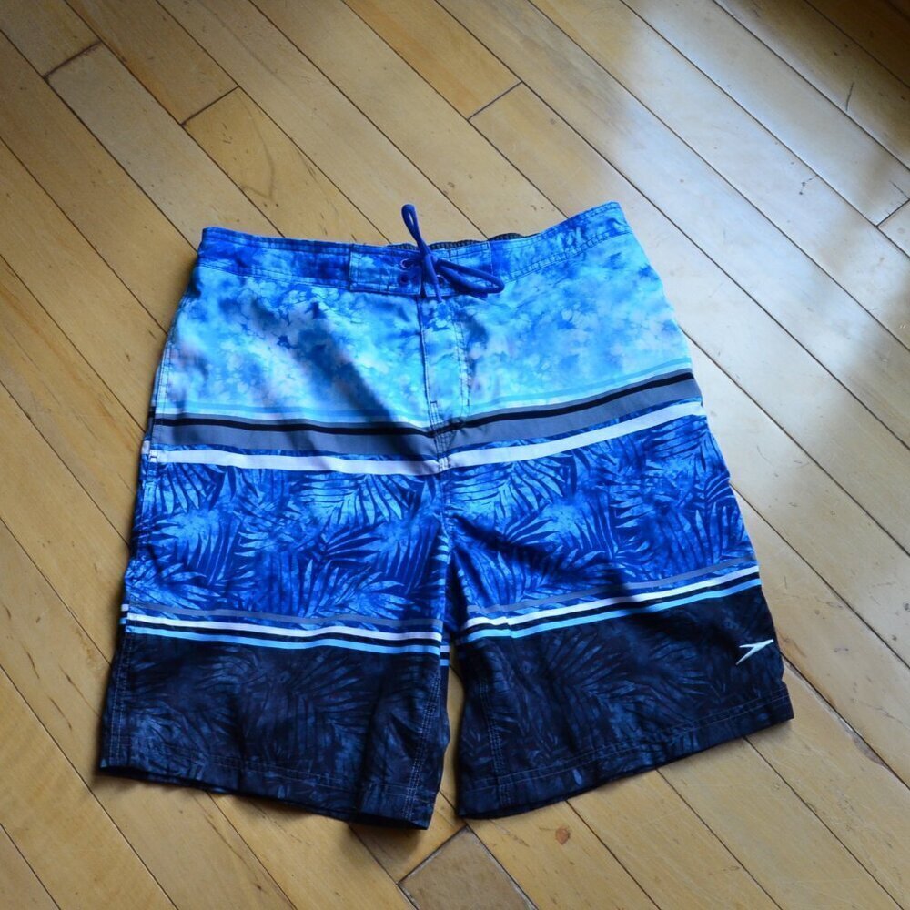 Speedo Men’s Leaf Tie Dye Print Stripes Multi-Colored Mesh Lined Swim Trunks L